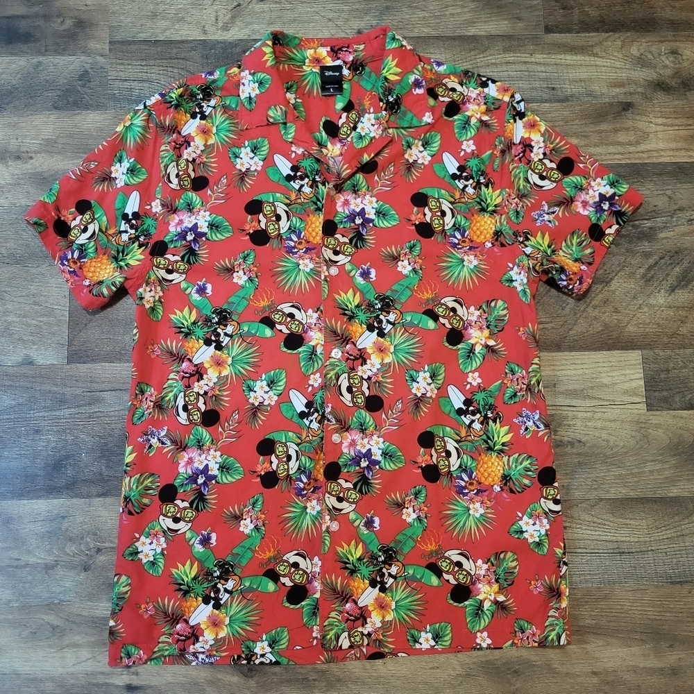 Disney Mickey Mouse Men's Red Hawaiian Surf Board Button Down Shirt Size L
